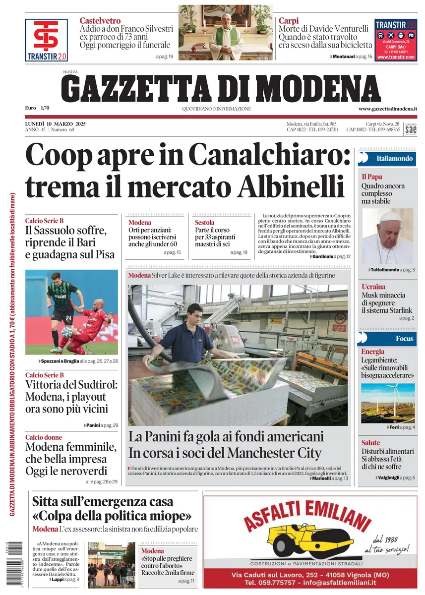 Prima-pagina-gazzetta di modena-oggi-edizione-del-2025-03-10